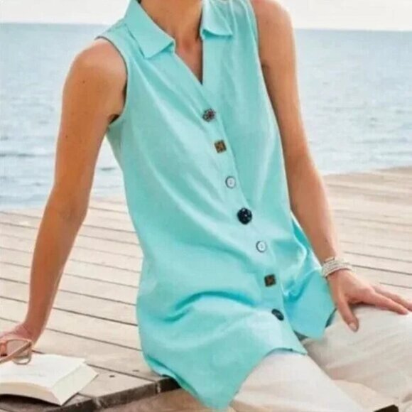 SOFT SURROUNDINGS Danielle Button Tank Aqua Blue Sleeveless 100% Cotton Top XS - Picture 5 of 14